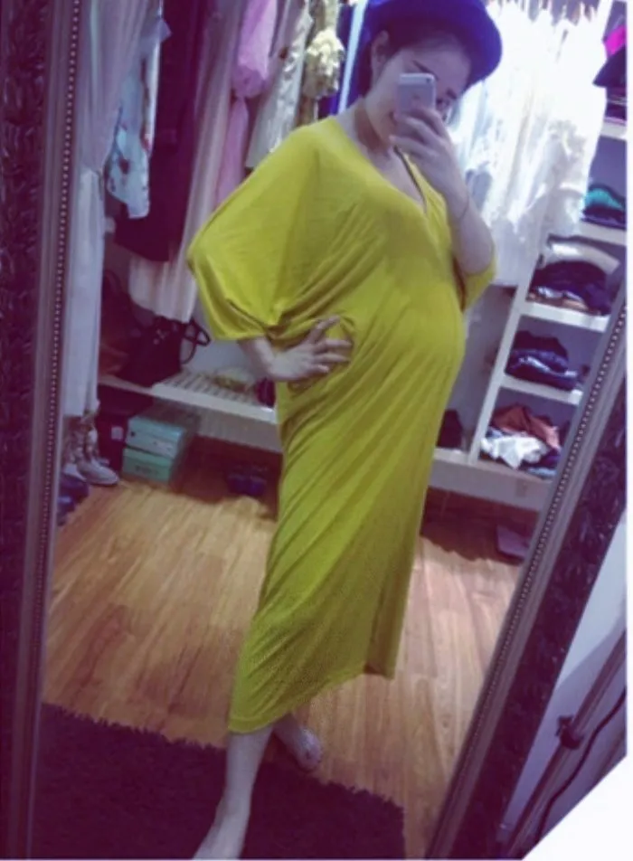 Fashion Tide New Pattern New Pattern V-neck Three Quarter Batwing Sleeve Ankle-length Fold Lady Fashion Oversize Dress BA771