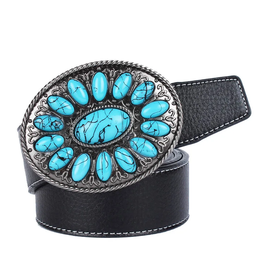 Cowboy Belt Western Leather Belt with Bohemian Faux Turquoise Belt Buckle, Black, Brown