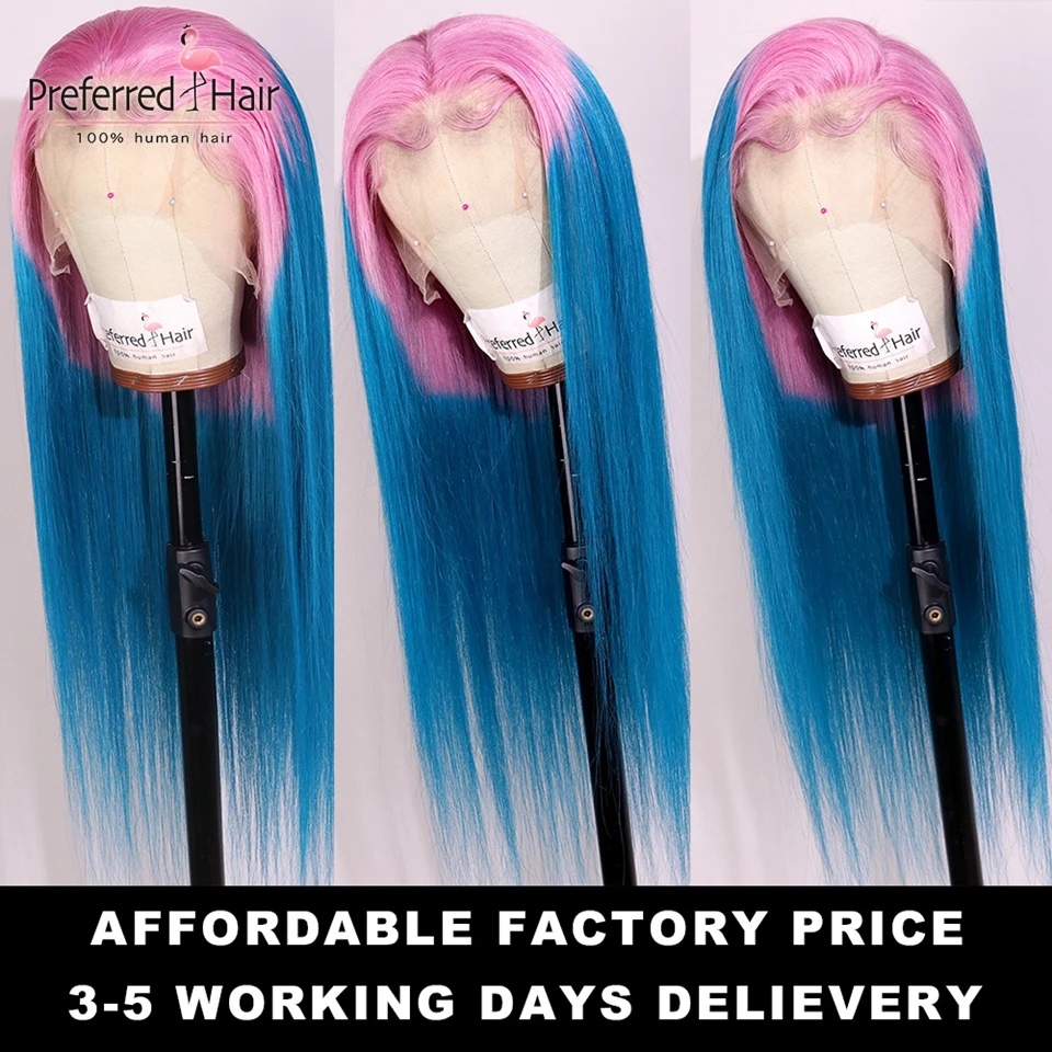 Preferred Hot Pink Straight Ombre Full Lace Human Hair Wigs 13x6 Lace Front Wig Remy Brazilian Transparent Lace Wigs For Women - Цвет: Pink To Blue