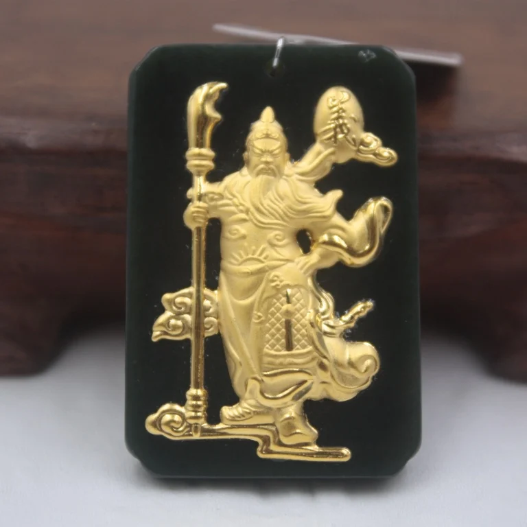

Fine 3D 24K Yellow Gold &Hetian Jade Pendant Charm Guangong Rectangle For Women Men Pendant 42*28mm
