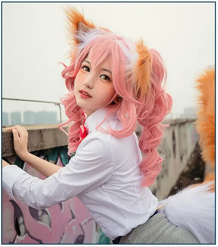 Аниме Fate/fate extella Fate/большой заказ косплей парик tamamo no Mae cos Хэллоуин только уши и хвост косплей лиса собака уши хвост