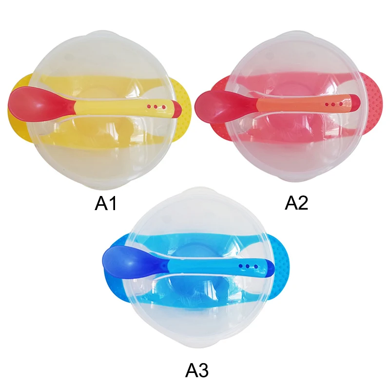 3 PCS/Set Baby Bowl Cover Spoon Dinnerware Set Infant Cutlery Sets Drop Resistance Temperature Sensing Baby Feeding Products