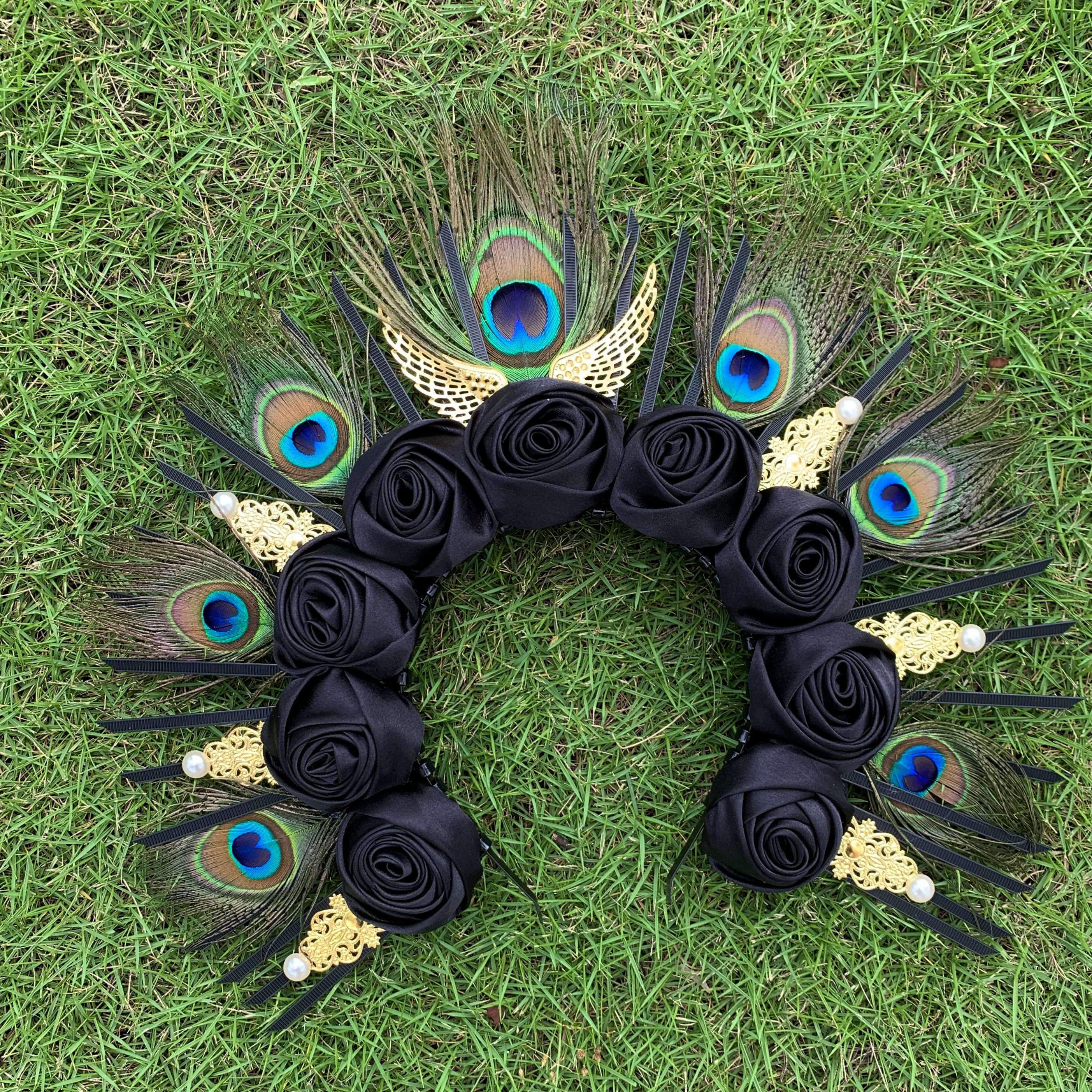 Gothic Lolita Black Rose Devil Feather Wings Goddess Crown Sun Halo Crown Headband Gorgeous Vintage Mary Baroque Tiara Headwear