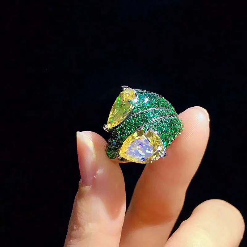 

ZOCA New Emerald Yellow Zircon Diamond Rings S925 Sterling Silver Snake Shape Personality Ring for Women Gift