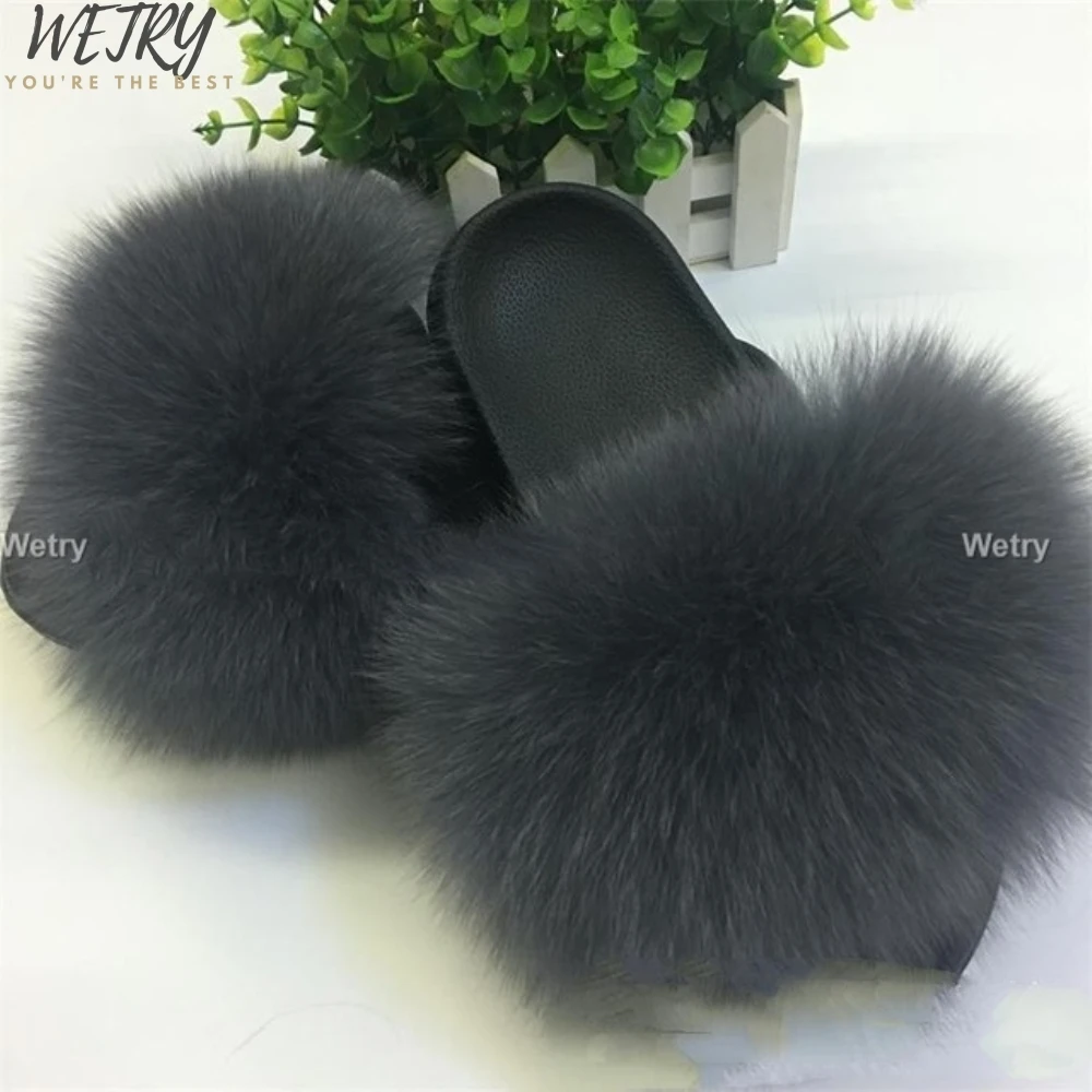 fox fur slippers Тапочки с натуральным мехом; женские домашние пушистые шлепанцы с мехом лисы; Летняя обувь на плоской подошве; Милая женская обувь; большой размер 45; домашняя обувь; Pantufas - Цвет: fox fur slippers