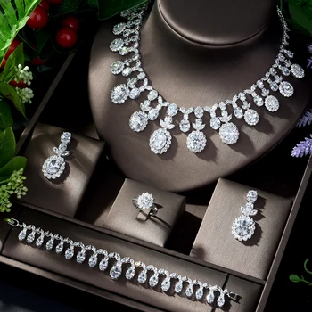 HIBRIDE Top New Clear 5 Colors Women Bridal Weeding Jewelry Set Round Shape Necklace Earring Set collier mariage N-1229