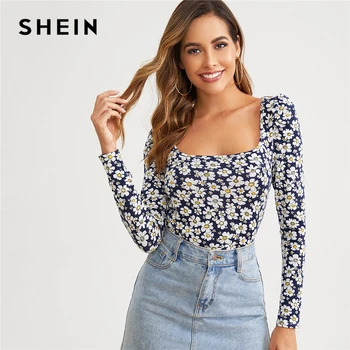 

SHEIN Square Neck Daisy Floral Print Form Fitted T Shirt Women Tops 2019 Autumn Long Sleeve Elegant Office Ladies Tshirts