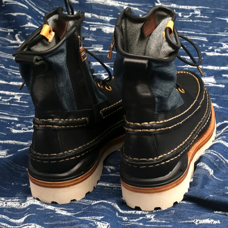High Quality Handmade Mens Boots Retro Patchwork Genuine Leather Work Boots Men Lace Up Canvas High Top Shoes Size 45 46