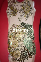 Яркие кристаллы цепи зеркальные камни платье сетка перспективное платье вечернее день рождения прозрачный наряд представление YOUDU