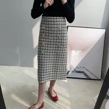 Новинка, женская вязаная винтажная посылка, облегающие твидовые юбки, винтажные клетчатые вязаные юбки, офисные двубортные зимние юбки
