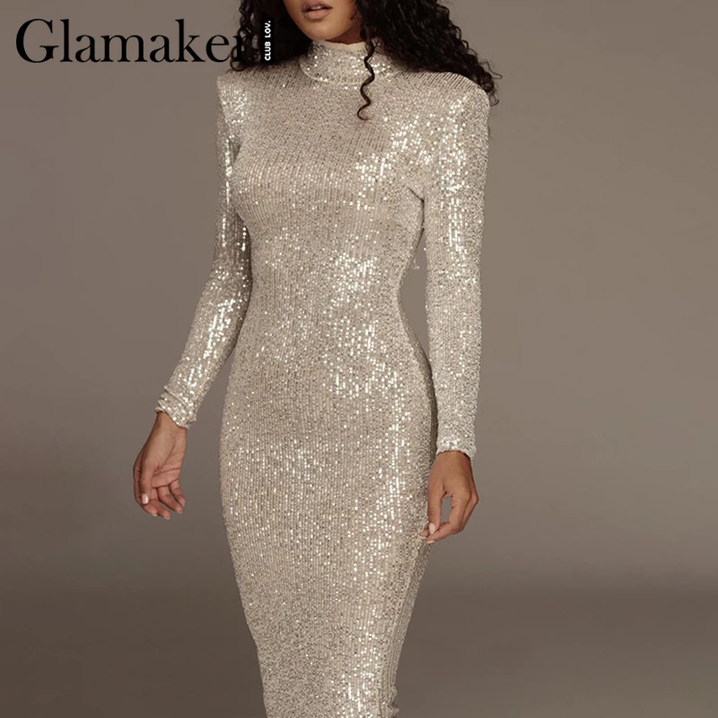 Glamaker, сексуальное модное ретро платье с блестками и круглым вырезом, элегантное женское Платье vestidos de fiesta, облегающее осеннее платье с длинным рукавом