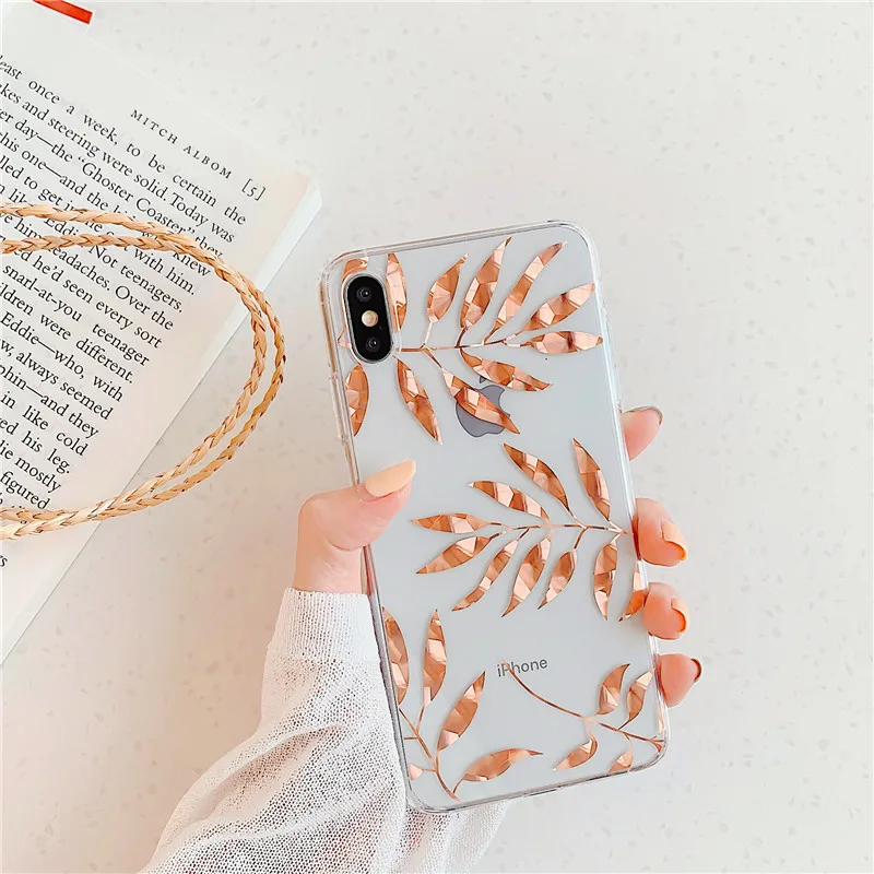 Модный чехол с позолоченными листьями для телефона Iphone X Xs Xsmax Xr блестящий