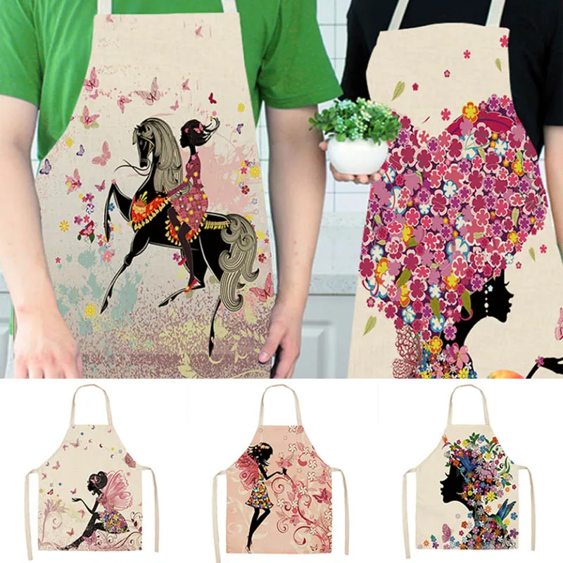 Easy Cleaning Flower Butterflies Girl Printed 68x49cm/49x40cm Women Aprons Kitchen Restaurant Supplies Cotton Linen Waist Bib