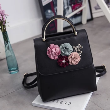 

PU Leather Women Backpack Female Style Trend Three-dimensional Flower Shoulder Bag Women's Backpack(Black)
