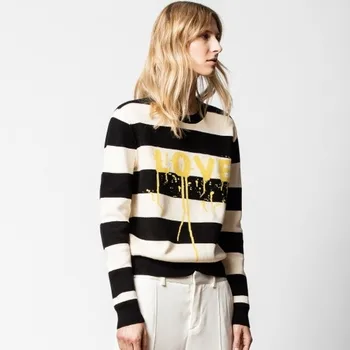 

2020 Spring Women Yellow Love Letter Sweater Splashed Black and White Stripe Crew O Neck Knitted Sweater