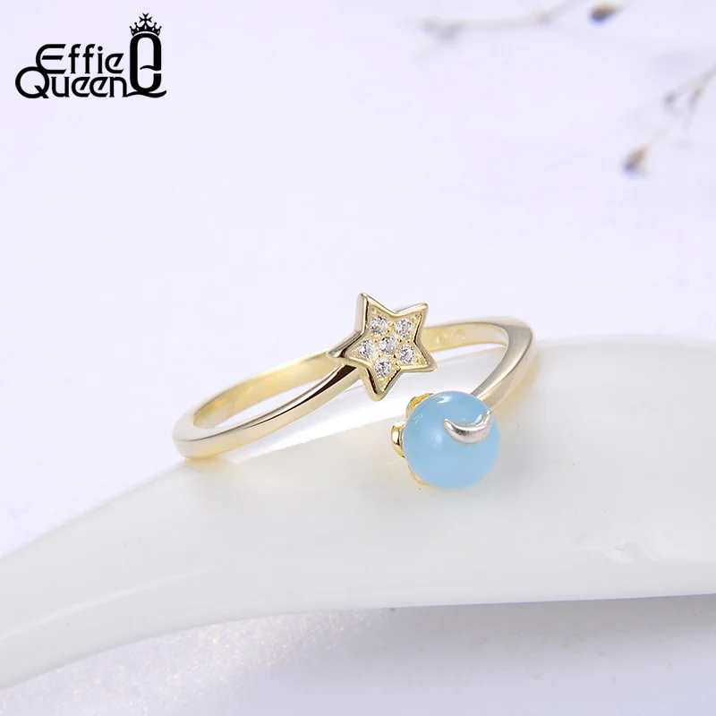 Effie queen 925 пробы серебро AAAA фианит Открытое кольцо Для женщин накладной Луной и звездами кольца с аквамарином женские свадебные украшения подарок TSR141