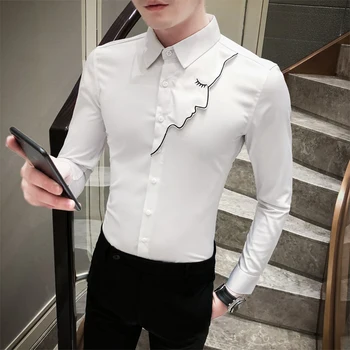 

2020 Spring New Tuxedo Shirt Men Korean Fashion Sexy Beauty Girl Slim Fit Mens Casual Shirts Long Sleeve Night Club Blouse Homme