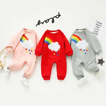 

0-24m Cute Newborn Baby Boy Girl Rainbow Romper Clothes Long Sleeve Plus Velvet Thicken Jumpsuit Outfits Winter Warm Clothing