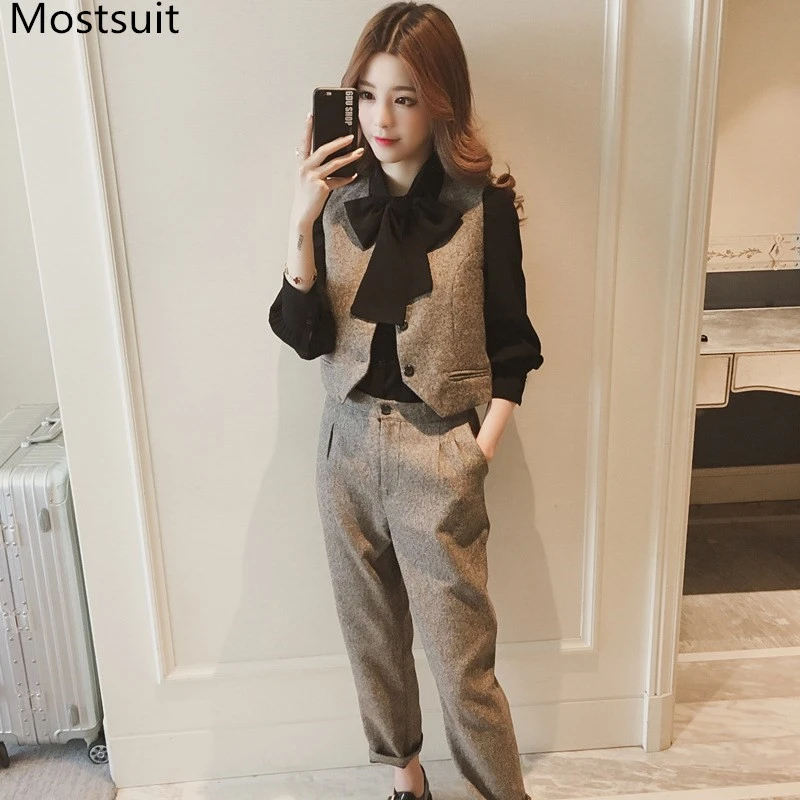 womens loungewear 2020 Spring Office Fashion 3 Piece Sets Women Black Bow Shirt + Vest + Pants Suits Korean Ol Style Workwear Female 3 Pcs Sets ladies loungewear