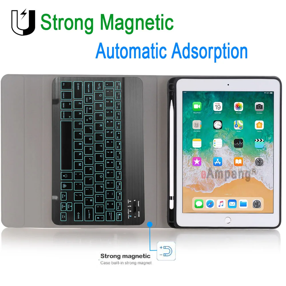 For iPad 9.7 2017 2018 Air 1 2 5th 6th Generation Pro 9.7 Case with Backlit Keyboard Detachable Bluetooth Pu Leather Cover Shell
