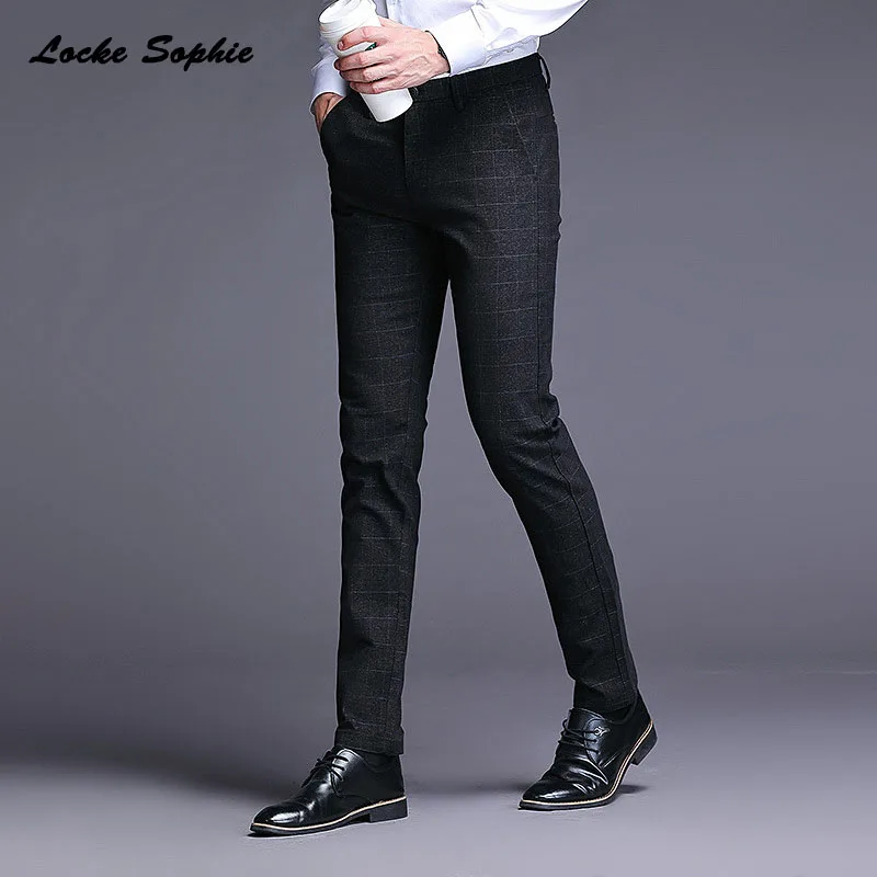 High waist Men's Plus size Pencil pants trousers Autumn New Fashion cotton plaid suit pants men Skinny business trousers
