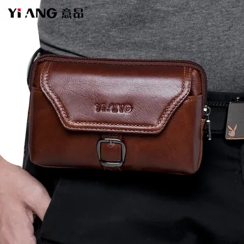 

YI'ANG Brand Genuine Leather Men's Waist Belt Cross Pack Men Hook Hang Fanny Bags 6.5' Cell Mobile Phone Pouch Case For Iphone