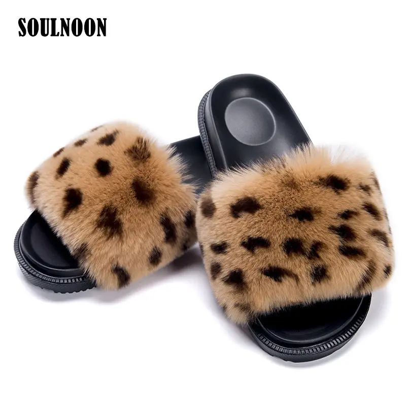 

Women Fur Slipper Rabbit Fur Slides Leopard Real Fur Flat Home Slippers Fluffy Sandals Girls Summer Casual Shoes Big Size 36-44