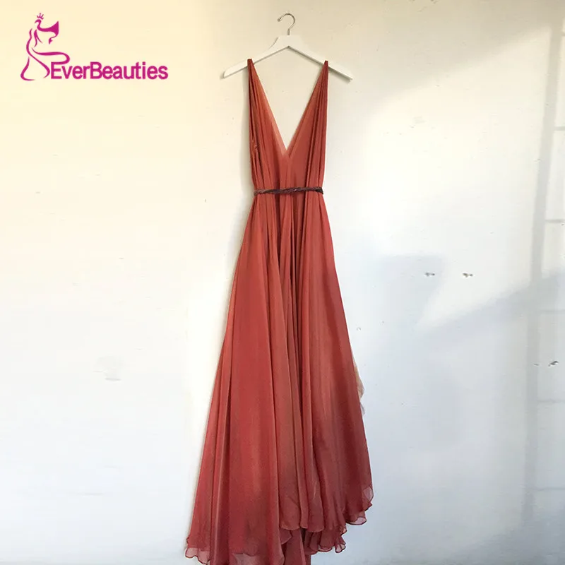 

Soil Orange Elegant Evening Dress Long 2020 Chiffon V Neck Simple Prom Party Vestidos De Festa Sleeveless Vestido De Festa