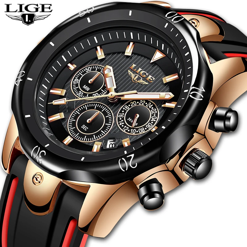 

LIGE Men Watches Fashion Male Sports Chronograph Analog Quartz Watch Men Silicone Strap Waterproof WristWatch Relogio Masculino