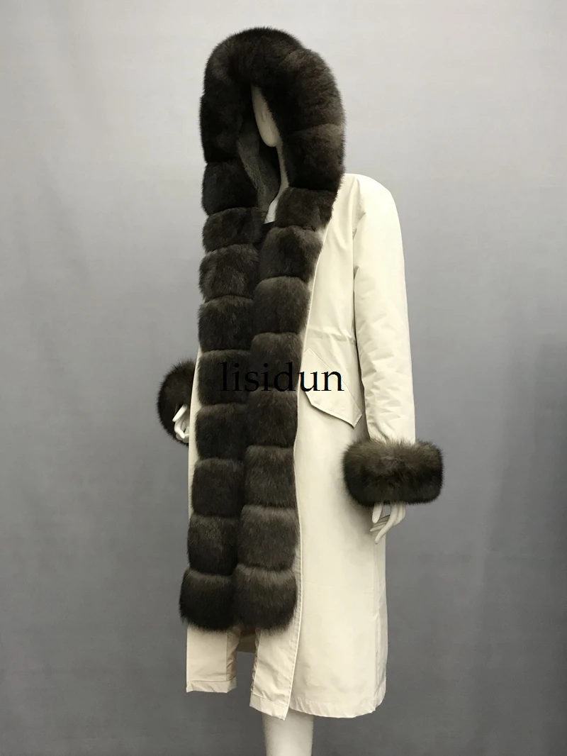 Модная зимняя куртка женская шуба из натурального меха лисы с воротником свободные длинные парки Большая Меховая Верхняя одежда Съемная