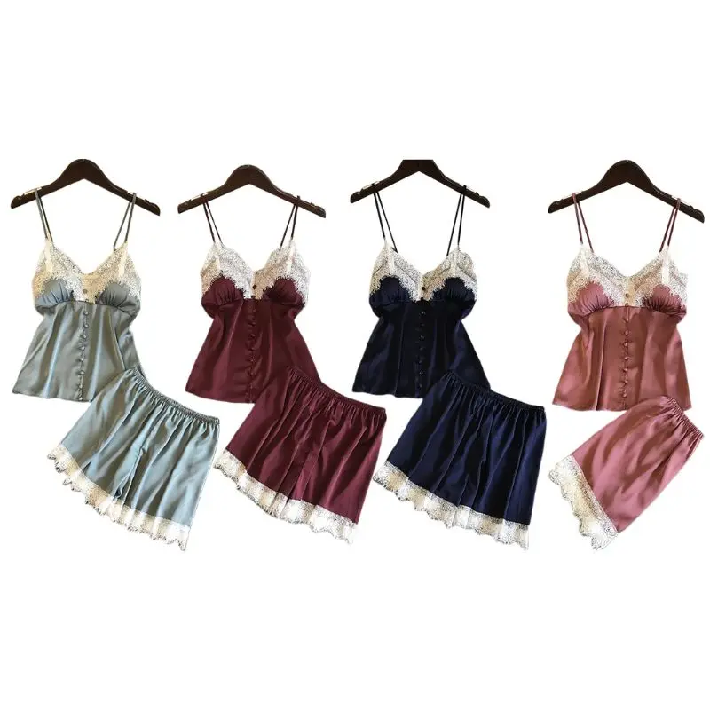 Womens Imitation Silk Sexy Lingerie Set Push Up Padded Button Down Camisole Wide Leg Eyelash Lace Shorts Solid Color Nightwear