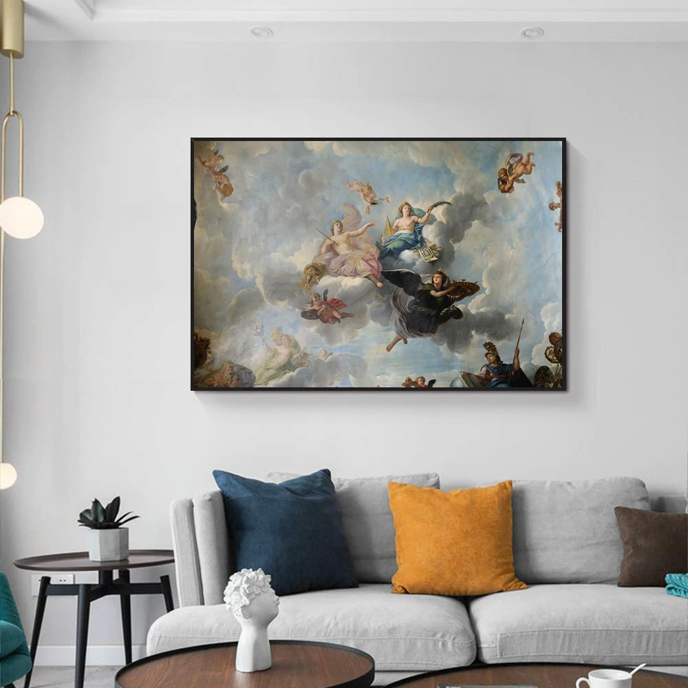 

Gods on clouds by Renaissance Antoine Hoarse Zenith frescoes of the Sistine Chapel Classic Art Canvas Painting Retro Home Decor