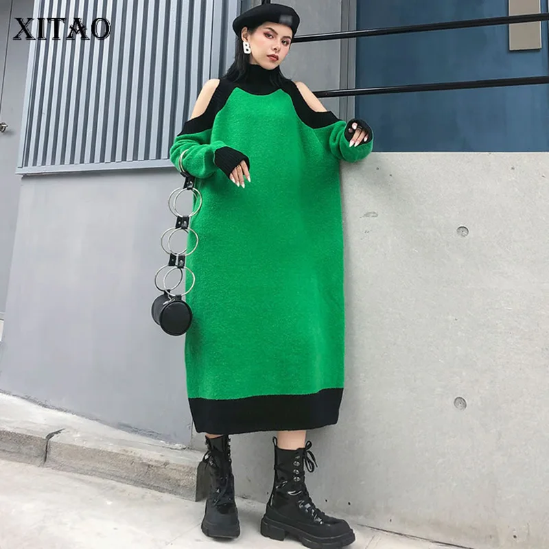 XITAO, сексуальное трикотажное платье с открытыми плечами, пэчворк, хит цвета, женская одежда, осень и зима, элегантное платье, новинка XJ2383