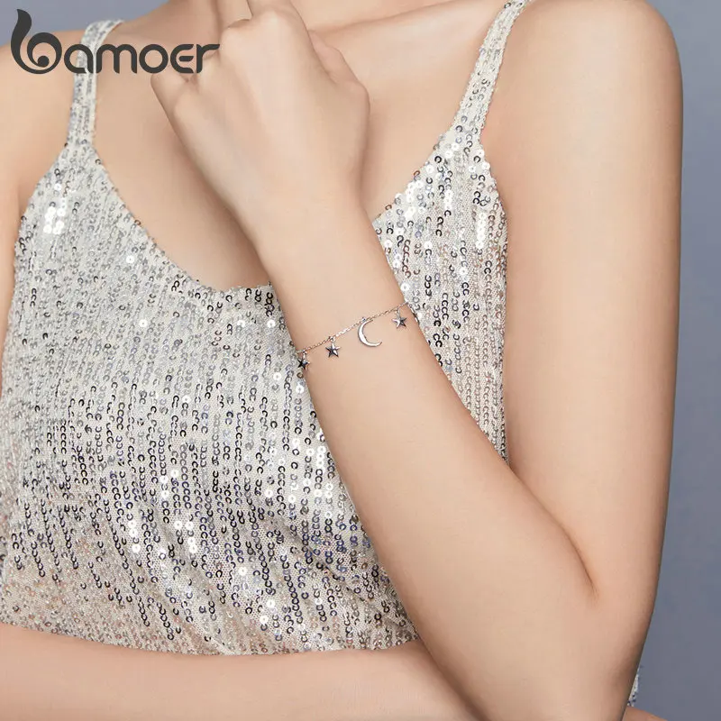 Женские браслеты цепочки bamoer Moon & Starsl из стерлингового серебра 925 пробы с