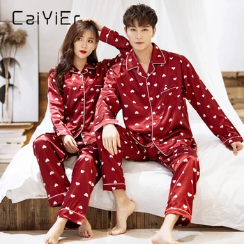 

CAIYIER 2020 Winter Couple Pajamas Set Silk Loves Print Long Sleeve Sleepwear Men & Women Casual Big Size Lovers Nightwear M-5XL