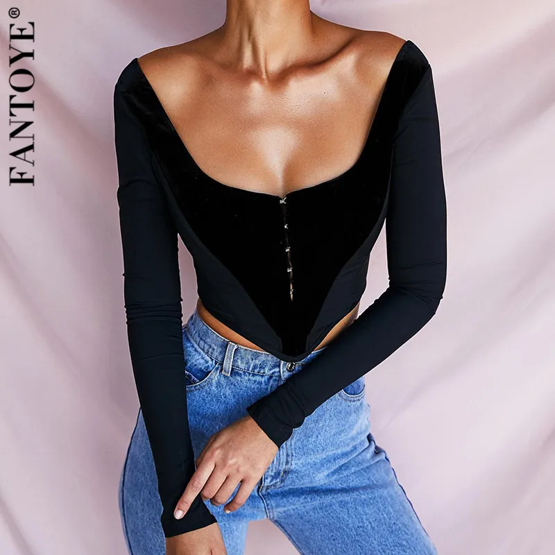 FANTOYE, черные, с открытой спиной, фланелевые, лоскутные, короткие топы для женщин, длинный рукав, низкий воротник, топы, сексуальные, мини бодикон, топы, вечерние, клубная одежда