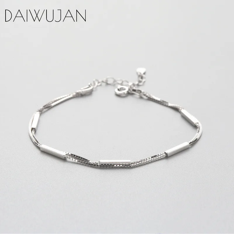DAIWUJAN, настоящее 925 пробы, серебряный, прямоугольная, Двойная Цепочка, браслеты для женщин, Геометрическая, элегантная, коробка, цепь, шарм, хорошее ювелирное изделие - Цвет камня: platinum