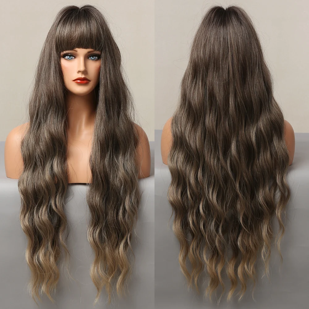 

Черно-коричневые синтетические парики омбре с полной челкой, длинные глубокие волнистые парики для женщин, повседневные термостойкие искусственные волосы