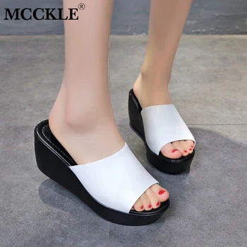 

MCCKLE Women Summer Open Toe PU Leather Platform Wedge Slippers Ladies Fashion Woman Sandal Shoes Female Casual Beach Slipper