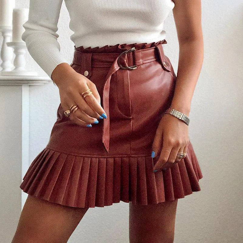 New Womens Ladies Girls  Faux Leather Pleated Belted Mini Skirt 8-14 