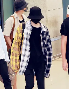 

kpop jin suga same Korean spell color plaid shirt Sweatshirts k-pop Bangtan boys spring autumn harajuku yellow hoodie women coat