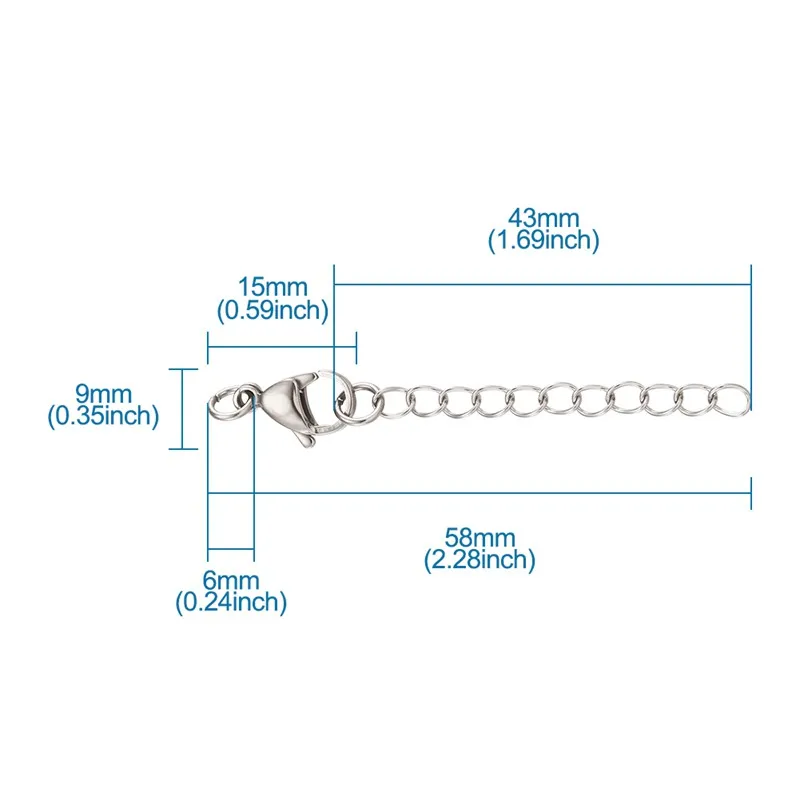 50pcs 304 Stainless Steel Ends with Chain Clasp Ring Connectors for Jewelry Making DIY Bracelet Necklace 58mm