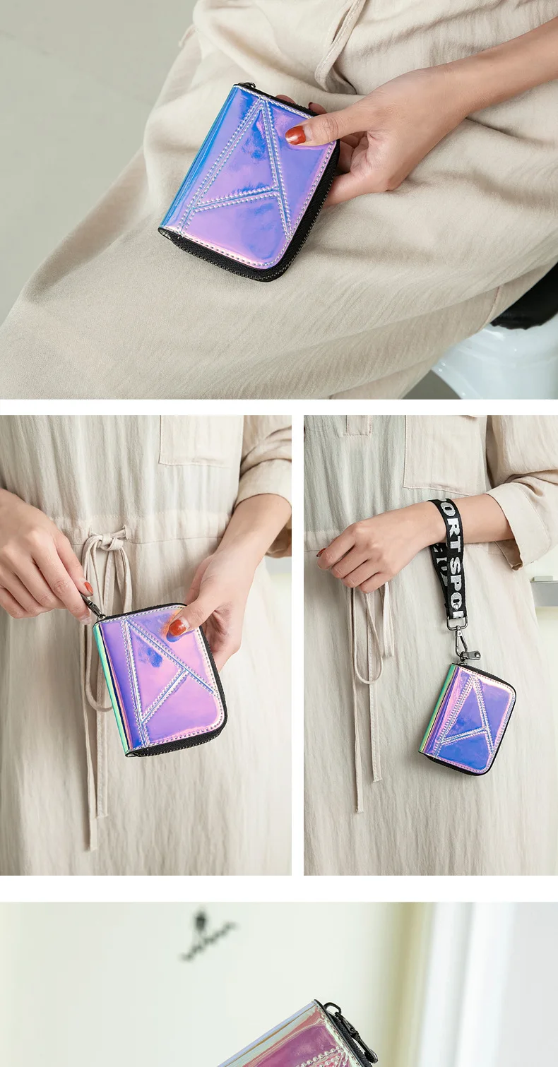 New Laser Card Holder Bag Women Card Wallet Girl Multi-card Card Holder Zipper Coin Purse Lanyard Holographic Wallet Women Purse