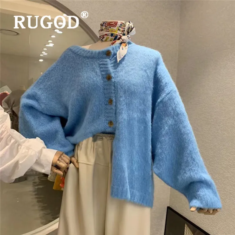 RUGOD женский свитер с круглым вырезом, Одноцветный Свободный вязаный кардиган, однобортный Пушистый свитер,, милые зимние Джемперы для девочек