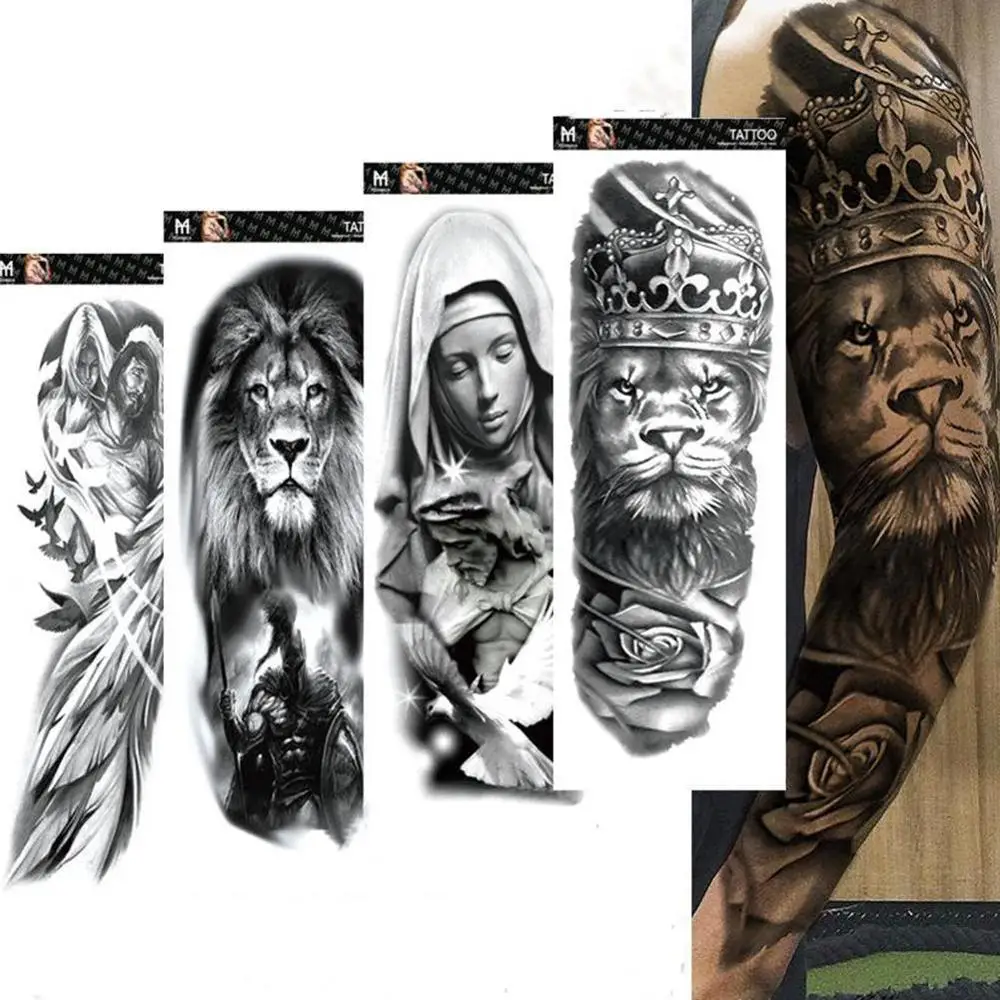 Большая рука рукава татуировки Лев корона король Роза водонепроницаемые Временные татуировки стикер дикий волк Тигр мужчины полный череп-тотем татуировки