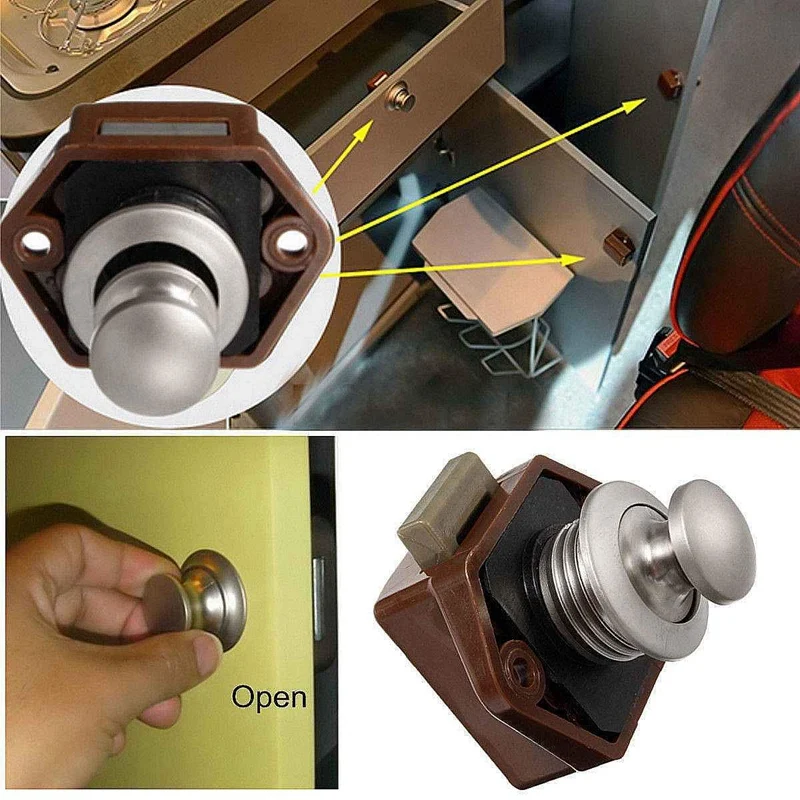 10 sztuk Push Button Keyless Lock zatrzask szafka Caravan blokada dla RV do szafki do szuflady drzwi grubość 15-27mm
