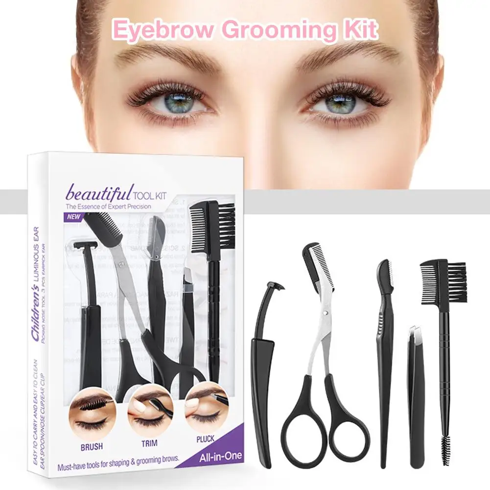 Eyebrow Grooming Kit Razor Brush Scissors Tweezers Set Makeup Tool for Women 3