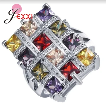 

Trendy Luxury Solid 925 Sterling Silver Ring Rainbow Square Shiny CZ Engagement/Wedding Rings for Women Colorful Eternity Ring