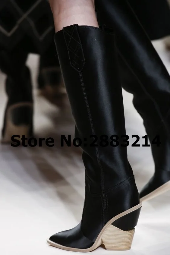 Original Quality Women Unique Heels Pointy Toe Knee High Long Boots Luxury Winter Autumn Motorcycle Boots Shoes Euro Size 34-46