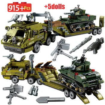 

WW2 Steel Empire Dragon Heavy Trailer Ship Building Blocks for Military Stuart Light Tank City Truck Bricks Toys for Boy